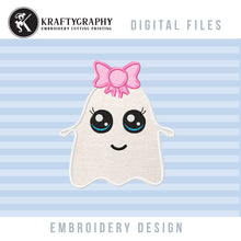 Load image into Gallery viewer, Ghost With Bow Applique for Machine Embroidery, Halloween Ghost Embroidery Patterns, Halloween Embroidery-Kraftygraphy
