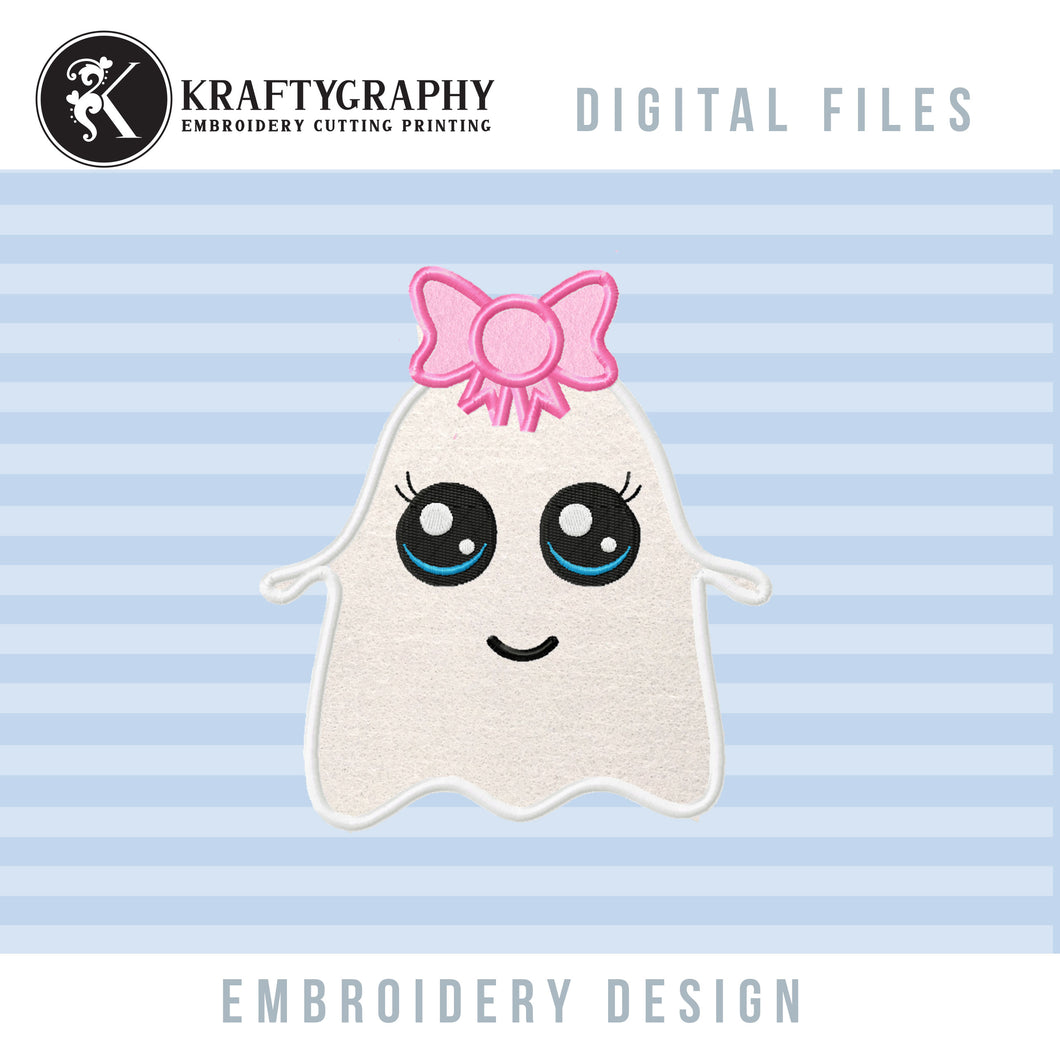 Ghost With Bow Applique for Machine Embroidery, Halloween Ghost Embroidery Patterns, Halloween Embroidery-Kraftygraphy