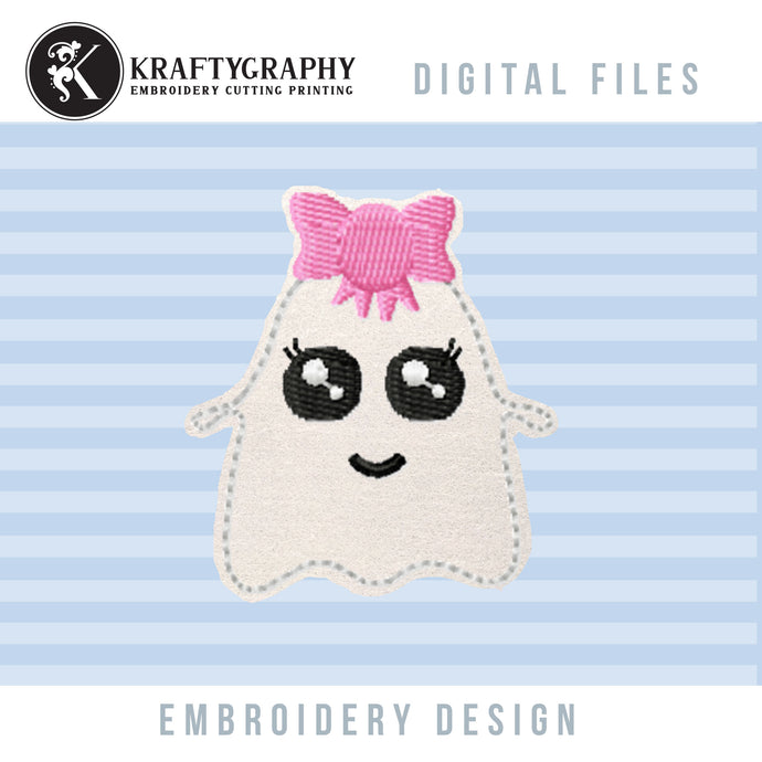 Halloween Ghost Feltie Machine Embroidery Designs, Mini Ghost With Bow Embroidery Patterns-Kraftygraphy