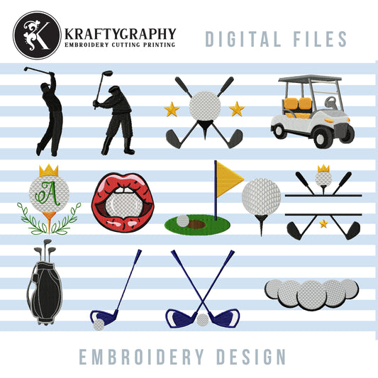 Golf Machine Embroidery Designs Bundle – Golf Bag, Ball, Clubs, Cart & Golfer Silhouettes-Kraftygraphy