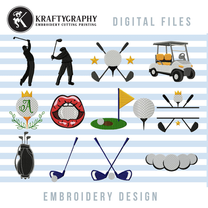 Golf machine embroidery designs bundle with golf bag, golf ball and clubs-Kraftygraphy