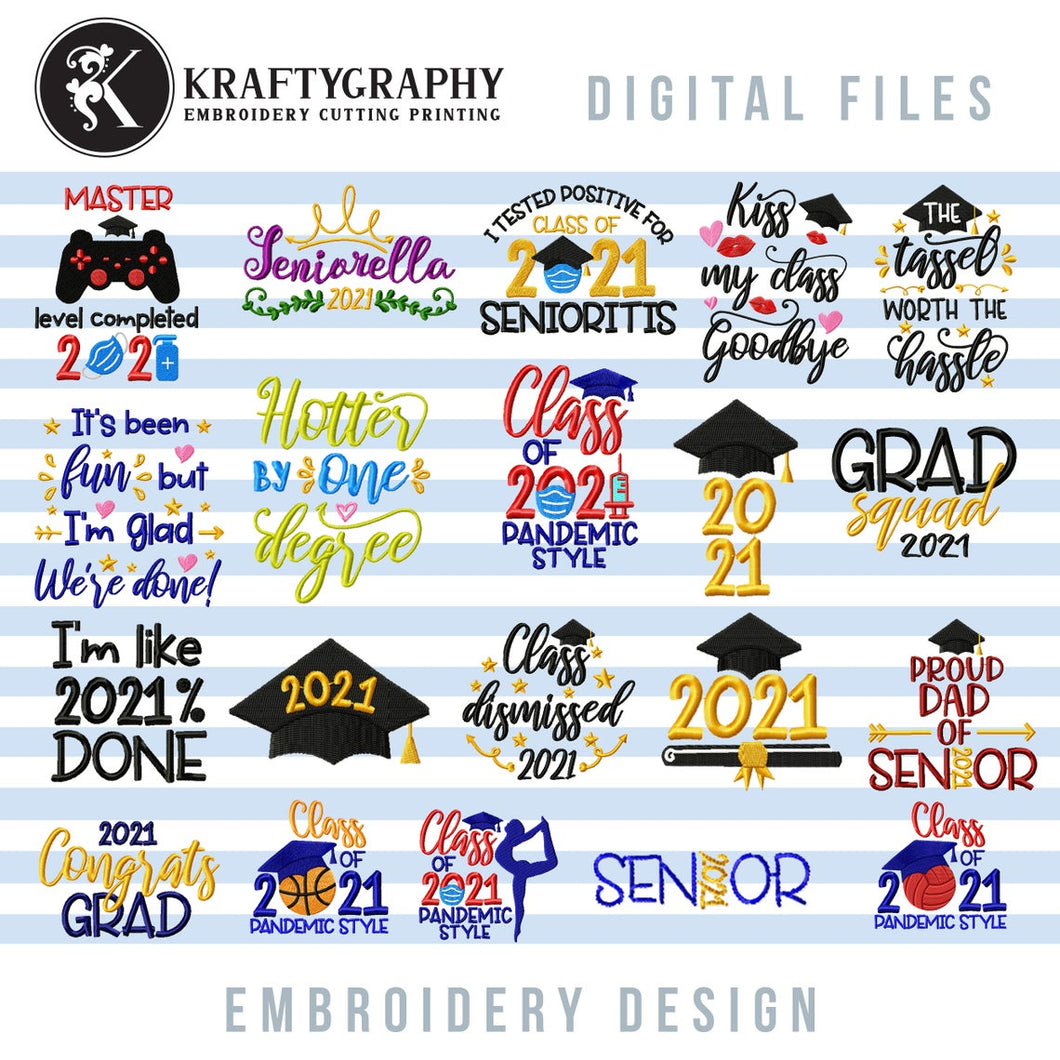 Graduation Machine Embroidery Designs Bundle, Class of 2021 Machine Embroidery Patterns, Senior Embroidery Sayings, Funny 2021 Graduation Pes Files, Graduation Cap Jef, Pandemy Graduation vp3, Tassel Embroidery Quotes-Kraftygraphy