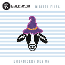 Load image into Gallery viewer, Halloween Cow Applique Embroidery Designs, Cow With Witch Hat Embroidery Patterns, Halloween Applique for Machine Embroidery-Kraftygraphy
