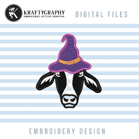 Halloween Cow Applique Embroidery Designs, Cow With Witch Hat Embroidery Patterns, Halloween Applique for Machine Embroidery-Kraftygraphy