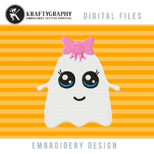 Load image into Gallery viewer, Cute Halloween Embroidery Designs, Halloween Ghost Embroidery Patterns, Ghost With Bow Pes Files, Halloween Girl Embroidery Files-Kraftygraphy
