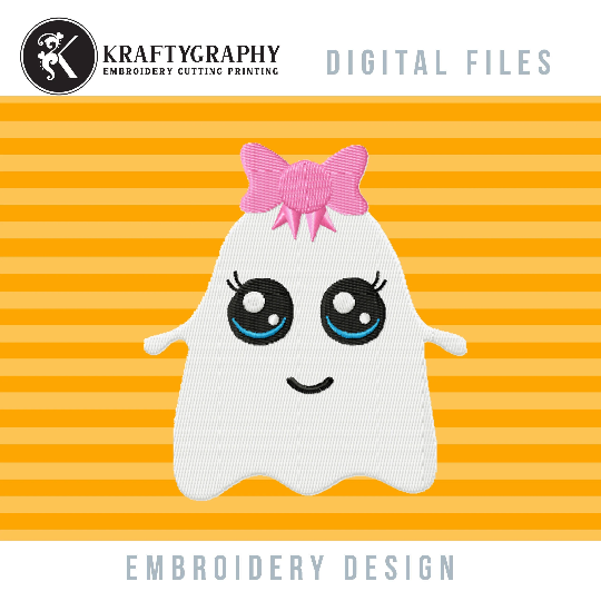 Cute Halloween Embroidery Designs, Halloween Ghost Embroidery Patterns, Ghost With Bow Pes Files, Halloween Girl Embroidery Files-Kraftygraphy