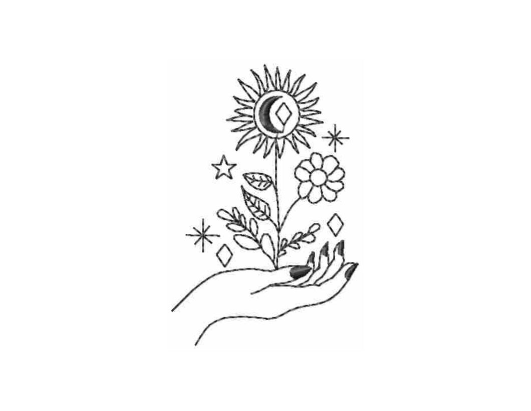 Celestial embroidery designs - Magical hand with sun flower and moon-Kraftygraphy