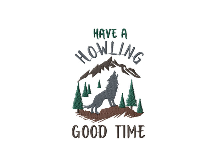 Hiking embroidery designs - Have a howling good time - with mountain and wolf scene-Kraftygraphy