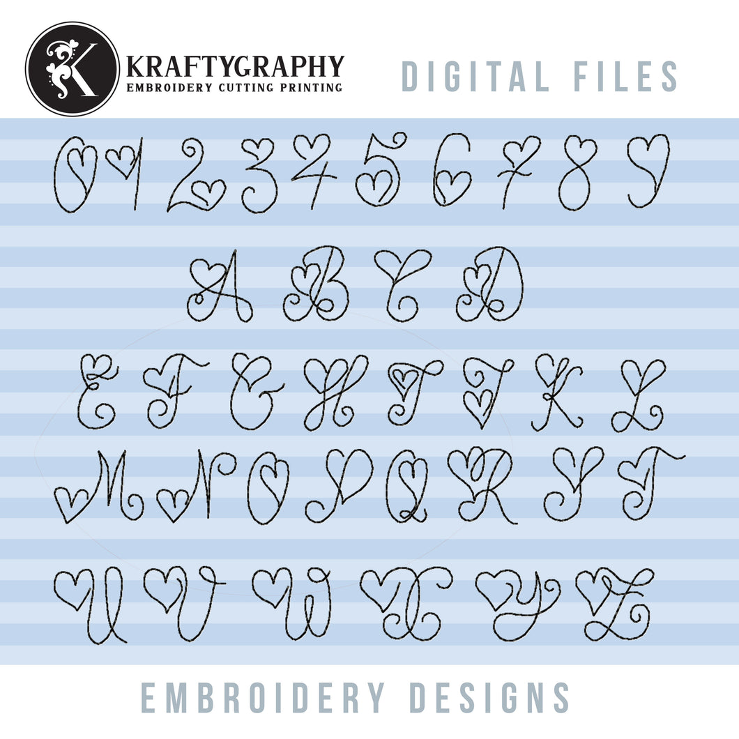 Bx Embroidery Fonts for Machine Embroidery, Heart Shaped Capital Letters and Numbers Monogram Embroidery Designs-Kraftygraphy