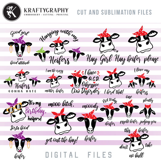 Cute Cow SVG Bundle, Heifer Clip Art, Funny Cow Head PNG for Sublimation, Cow Sayings SVG for Shirts, Farm Quotes Dxf Laser Cut Files, Country Shirts SVG-Kraftygraphy