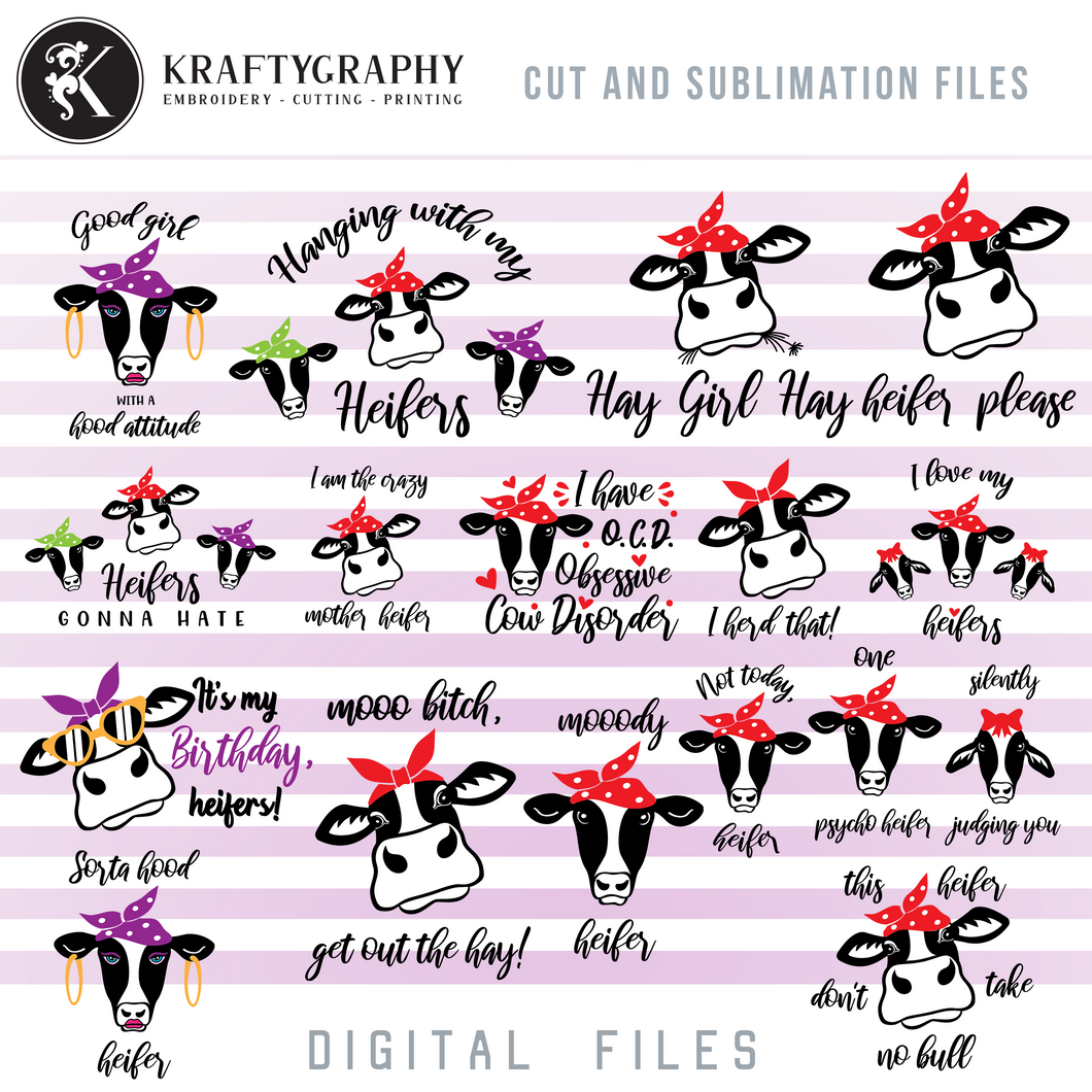 Cute Cow SVG Bundle, Heifer Clip Art, Funny Cow Head PNG for Sublimation, Cow Sayings SVG for Shirts, Farm Quotes Dxf Laser Cut Files, Country Shirts SVG-Kraftygraphy