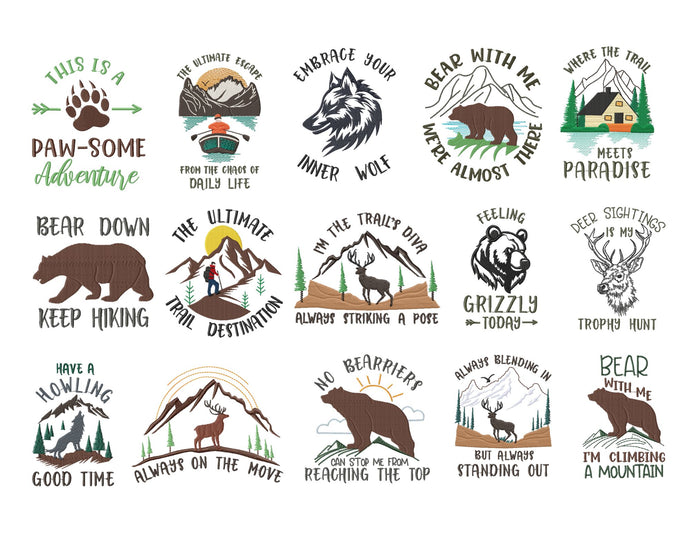 Hiking embroidery design bundle - funny bear sayings, buck , mountain and lake-Kraftygraphy