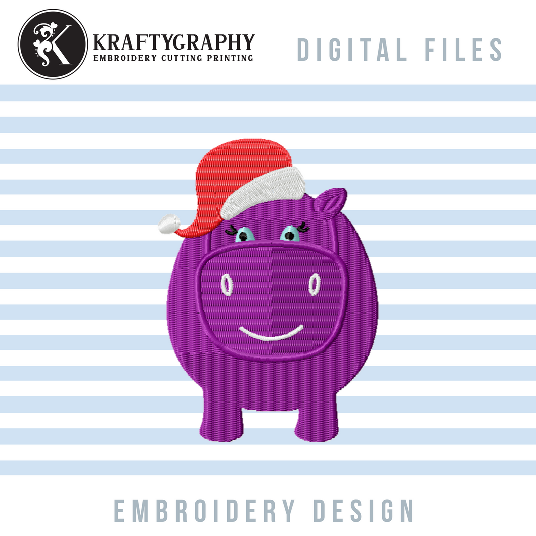 Hippopotamus With Santa Hat Embroidery Designs, Christmas Hippo Embroidery Patterns, Christmas Embroidery Files, Hippo Applique 5 X 7 Hoop Size-Kraftygraphy