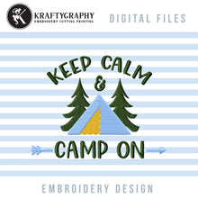 Load image into Gallery viewer, Mountain Camp Machine Embroidery Designs for Caps, Camping Embroidery Patterns, Campsite Embroidery Sayings, Camper Pes Files, Forest Tent-Kraftygraphy
