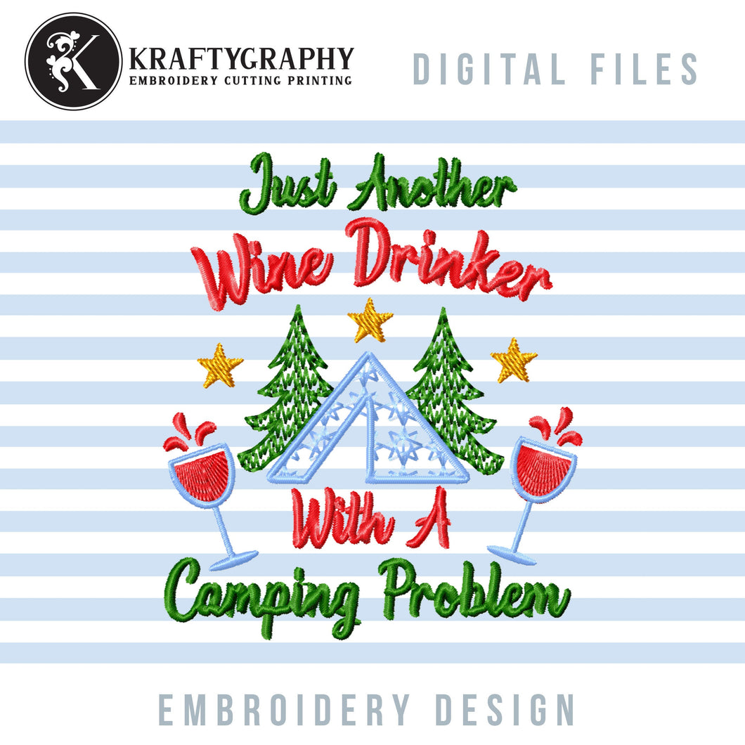 Wine Drinking Machine Embroidery Designs, Camping Drinker Embroidery Sayings, Wine Glasses Embroidery Patterns, Drink Embroidery Files-Kraftygraphy