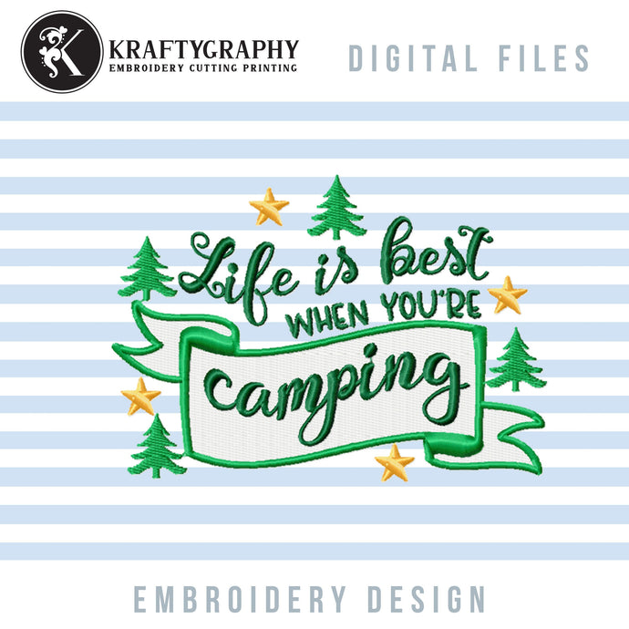 Camping Machine Embroidery Designs, Hiking Embroidery Patterns, Forest Embroidery Sayings, Lake Pes Files, Camper Hat Jef, Campsite vp3-Kraftygraphy