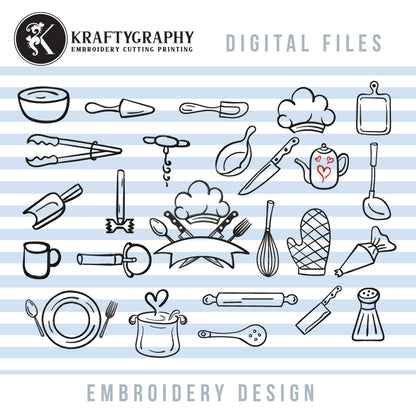 Cute Kitchen Tools Machine Embroidery Designs Bundle – Doodle Outline Cooking Utensils-Kraftygraphy