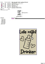 Load image into Gallery viewer, Baby Bodysuit Machine Embroidery Designs, Late Night Drinker Embroidery Patterns, Funny Baby Drinking Pes Files, Baby Burp Cloth Embroidery Sayings, Baby Bibs Jef Files, Diaper Cover Embroidery Ideas-Kraftygraphy
