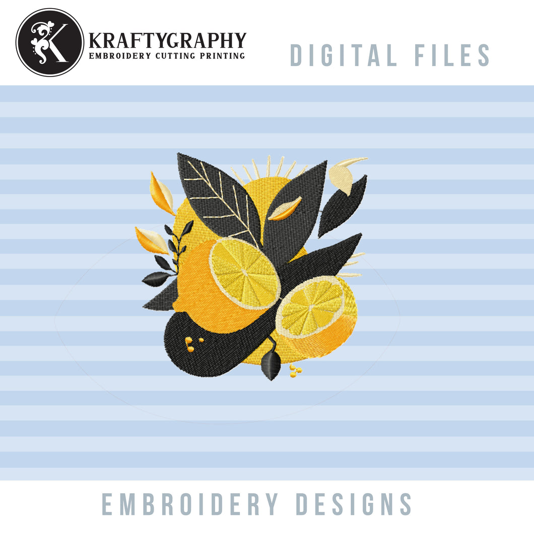 Kitchen Towel Machine Embroidery Designs With Lemons Arrangement in Mid Century Style, Trendy Pes Embroidery Files, Dish Towel, Tea Towels-Kraftygraphy