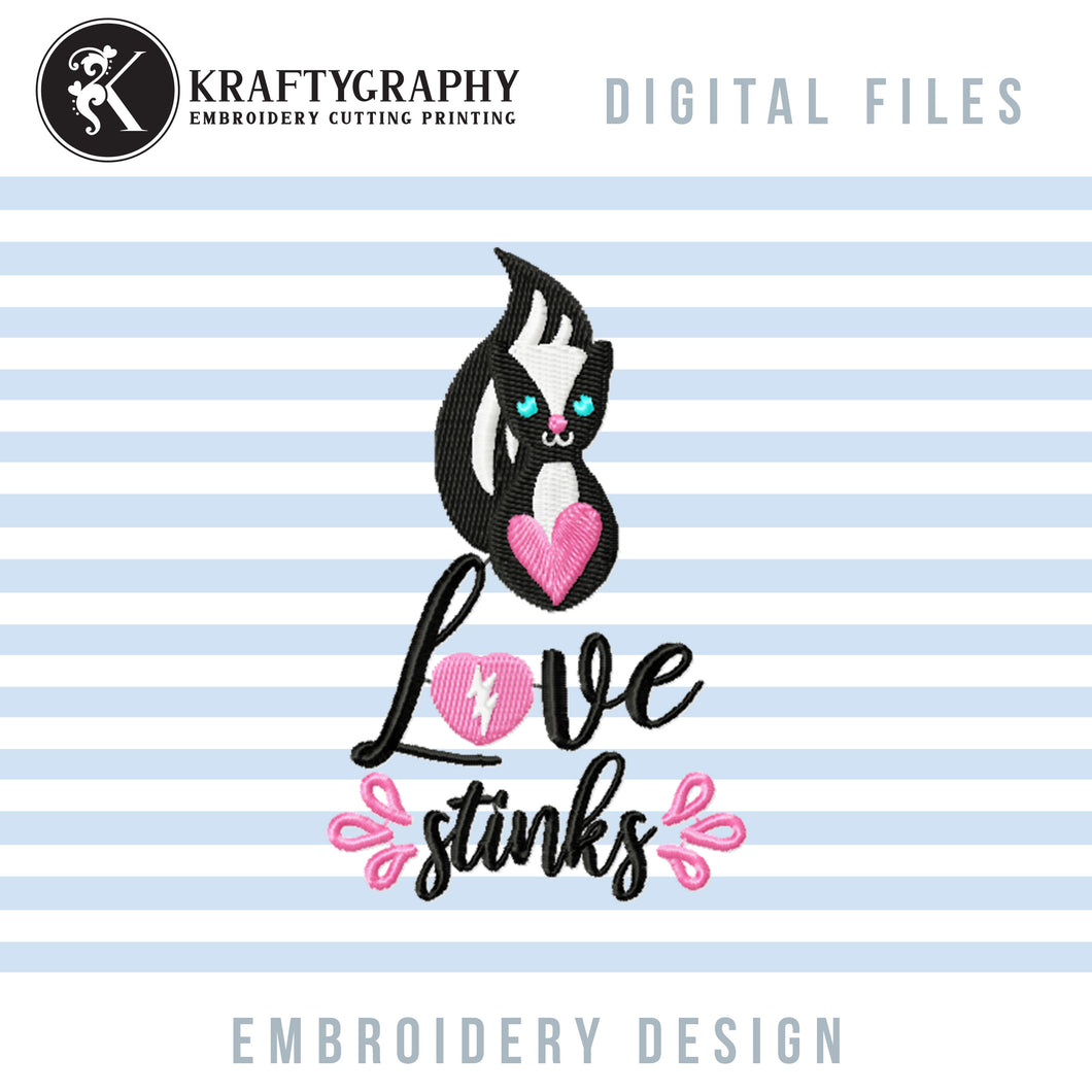 Love Stinks Embroidery Designs, Funny Valentine Embroidery Patterns, Skunk Embroidery Pes Files, Toilet Paper Embroidery Sayings, Valentine's Day Hus Files, Skunk Applique, Anti Valentine Shirt Embroidery, Napkin Embroidery-Kraftygraphy