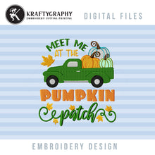 Load image into Gallery viewer, Pumpkin Patch Embroidery Designs for Machine, Pumpkin Truck Embroidery Patterns, Meet Me at the Pumpkin Patch Pes, Fall embroidery-Kraftygraphy
