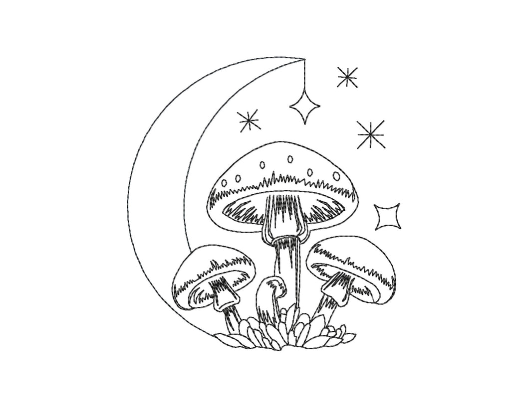 Celestial embroidery designs - Moon with mushrooms-Kraftygraphy