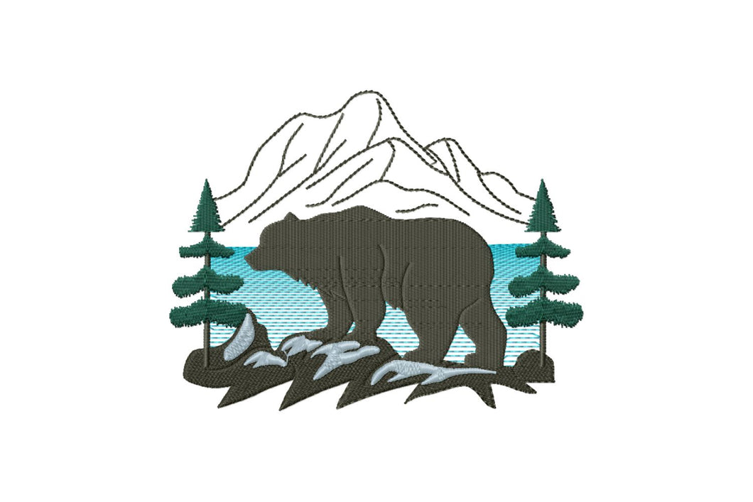 Mountain scene with bear and lake embroidery design-Kraftygraphy