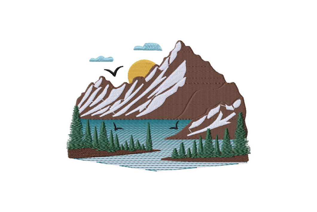Mountain lake scene embroidery design-Kraftygraphy