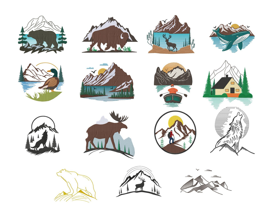 Mountain scene embroidery designs bundle for machine-Kraftygraphy