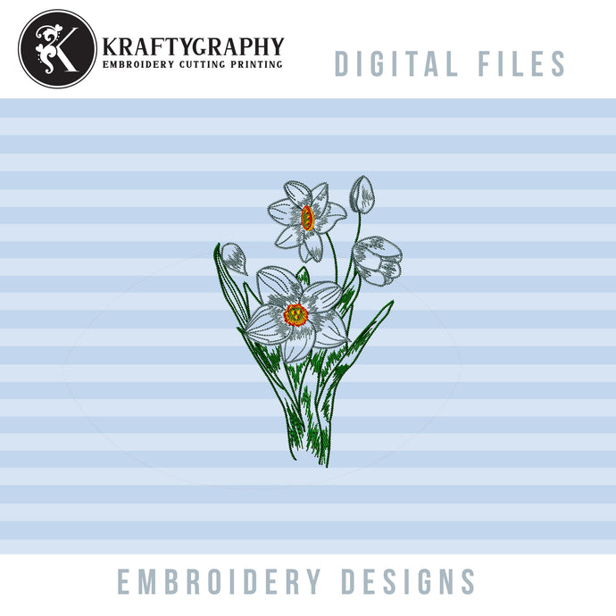 White Daffodil Flower Embroidery Design for Machine in Sketch Style-Kraftygraphy