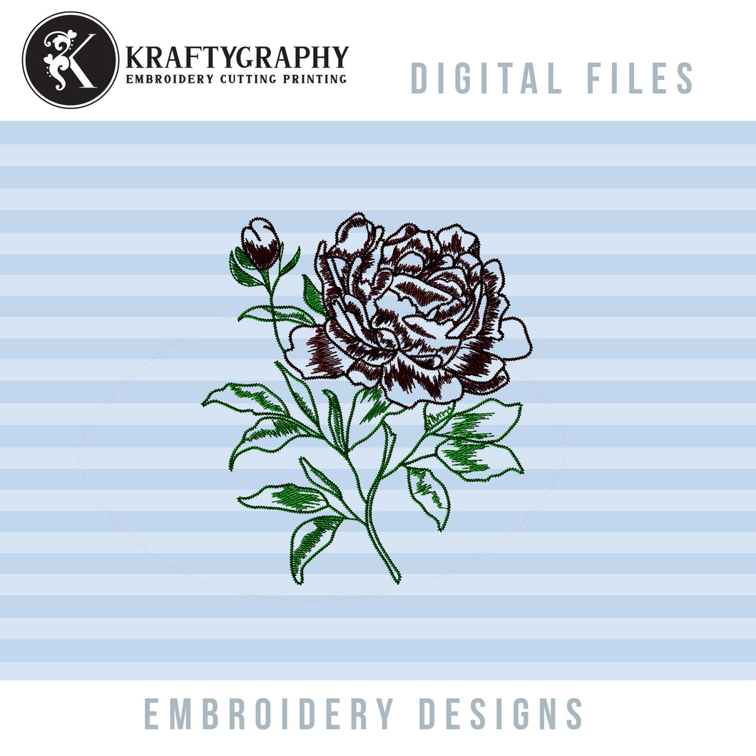 Peony Flower Machine Embroidery Files in Sketch Style for Spring Projects-Kraftygraphy
