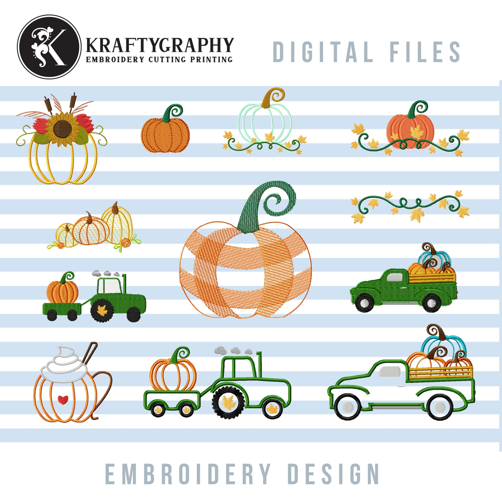Pumpkin Embroidery Designs Bundle – Gingham, Sketch, Applique & Mini Pumpkins with Monogram Frame-Kraftygraphy