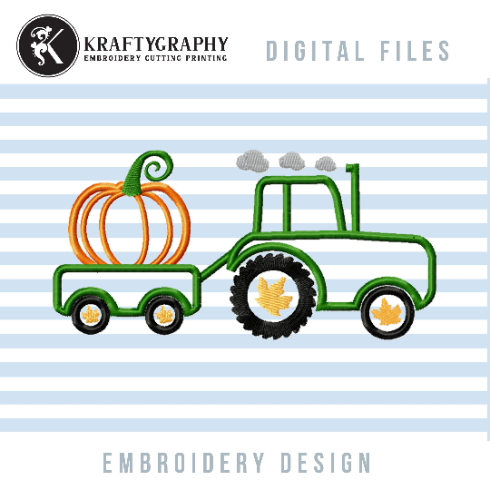Pumpkin Tractor Applique Shirt, Pumpkin Applique Embroidery Designs, Thanksgiving Machine Embroidery Designs, Fall Embroidery Designs-Kraftygraphy