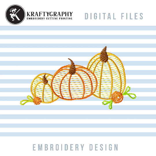 Pumpkin Trio Embroidery Design, Pumpkin Sketch Pes Files, Pumpkin Outline Embroidery Designs, Fall Embroidery,-Kraftygraphy