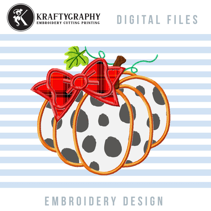 Pumpkin With Bow Applique Design for Machine Embroidery, Pumpkin Embroidery designs-Kraftygraphy