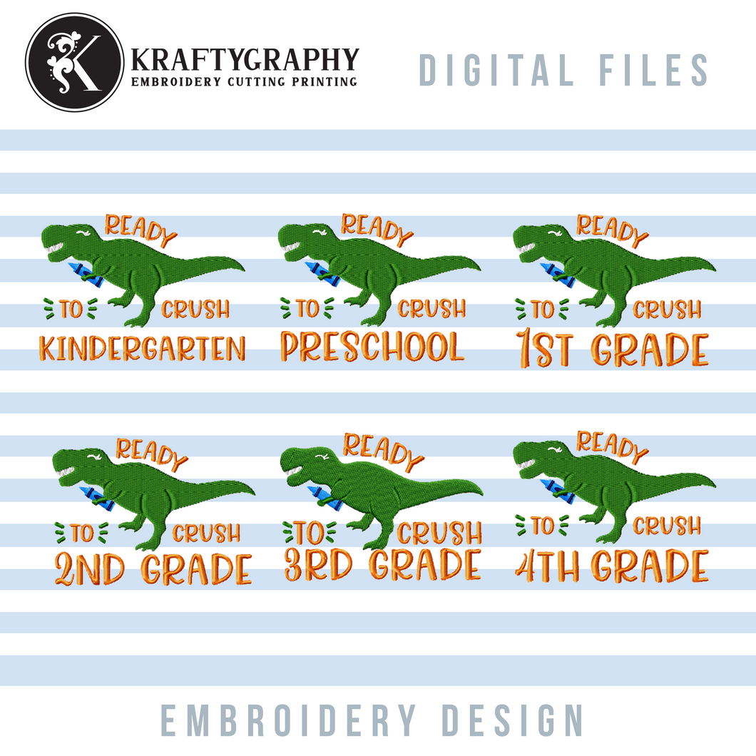 Back to School Dinosaur Machine Embroidery Designs Bundle, First Day of School Embroidery Patterns, 1st Grade Pes, 2nd Grade Jef, 3rd Grade Dst, 4th Grade Hus, Kindergarten Embroidery Files, Preschool Embroidery-Kraftygraphy