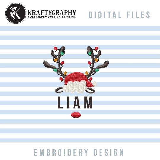 Christmas Reindeer Embroidery Designs With Santa Hat and Christmas Lights on Antlers for Monogram Embroidery-Kraftygraphy