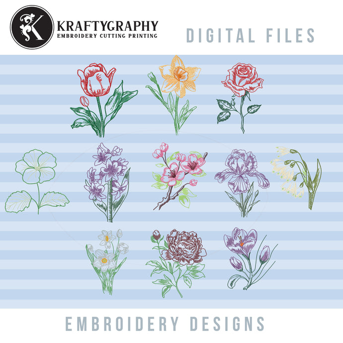 Spring Flowers Embroidery Design Bundle in Sketch Style-Kraftygraphy