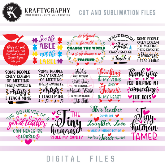 Cute Teacher SVG Bundle, Teacher Appreciation Clip Art, Teacher Sayings PNG Sublimation Images, Teacher Shirt Decals SVG, Art Teacher Dxf-Kraftygraphy