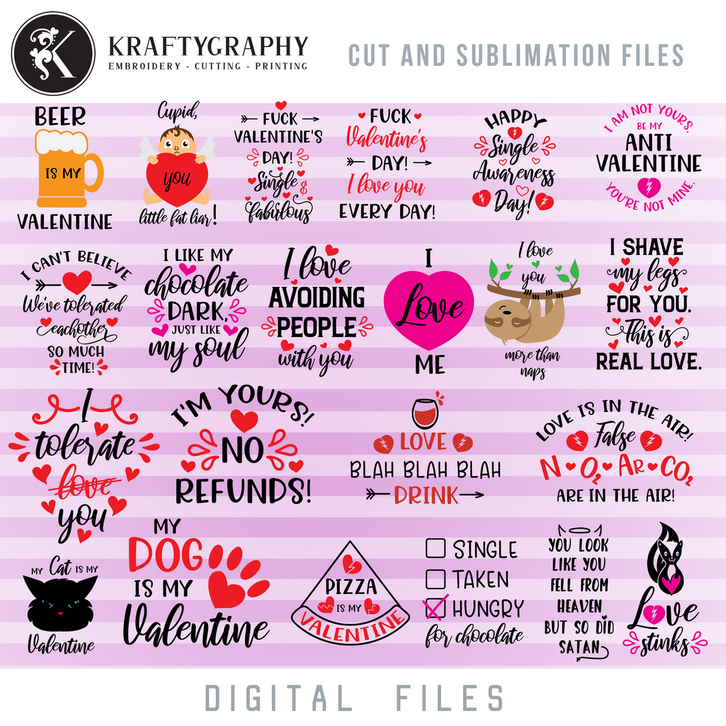 Anti Valentine SVG Bundle, Funny Valentine Clipart, Rude Valentine Sayings PNG Files for Sublimation, Sarcastic Valentine Dxf Laser Cut and Engrave Files-Kraftygraphy
