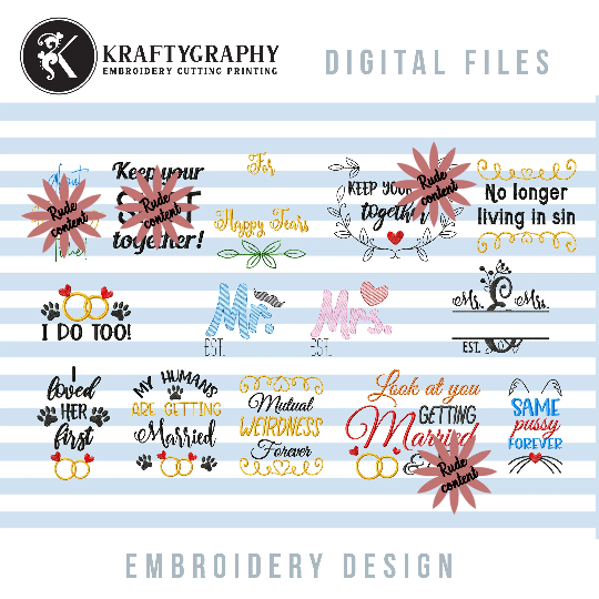 Funny Wedding Embroidery Designs Bundle – Bride & Groom, Rings, Sayings for Towels, Hankies, and Gifts-Kraftygraphy