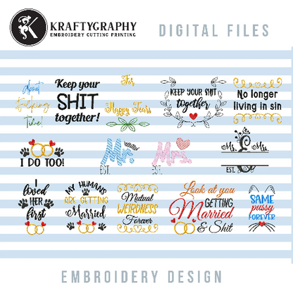 Funny Wedding Embroidery Designs Bundle – Bride & Groom, Rings, Sayings for Towels, Hankies, and Gifts-Kraftygraphy