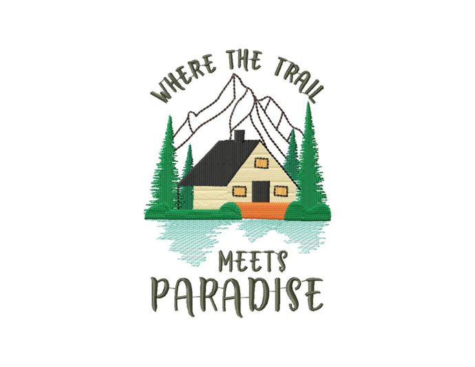 Hiking embroidery designs - Where the trail meets the paradise with lake house-Kraftygraphy
