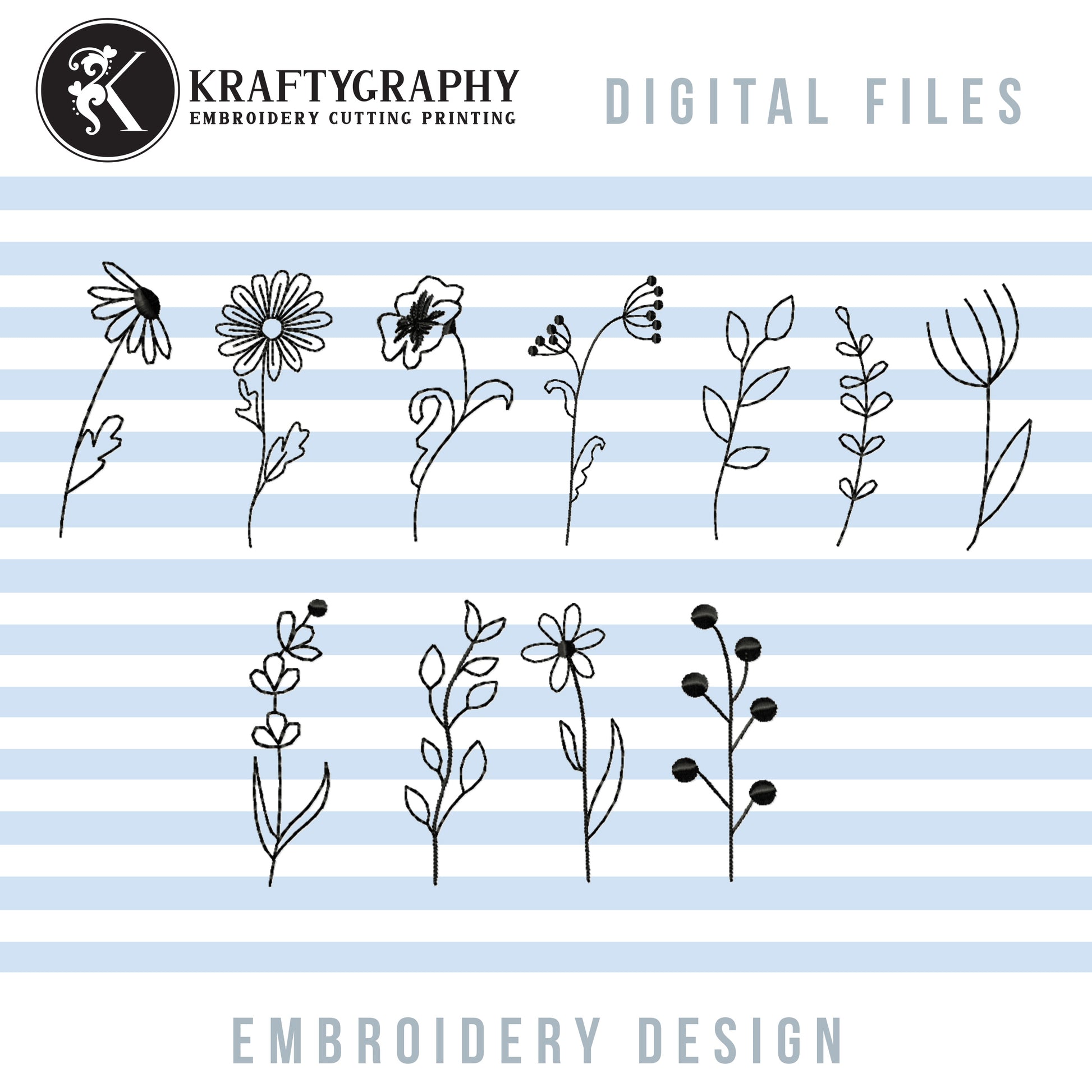 Wildflower Embroidery Designs, Floral Borders Embroidery Patterns, Flower Outline Pes Files, Simple Flowers Embroidery Files, Easy Flowers Jef Files, Daisy Hus Files, Small Flowers, Mini Flowers, Embroidery Bundle, Ith Embroidery, Cute Flowers-Kraftygraphy