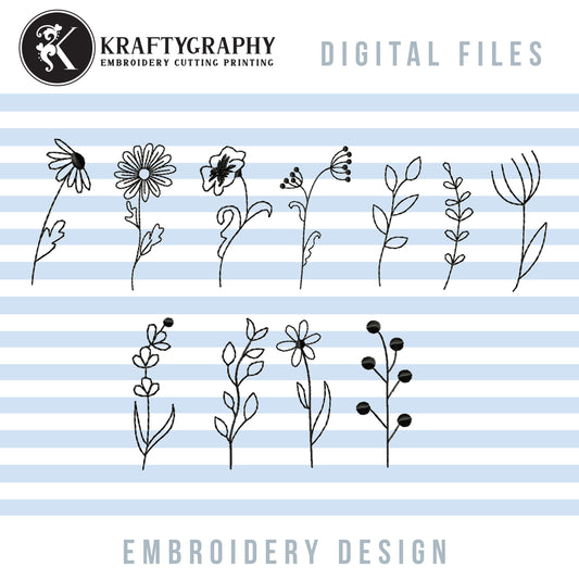 Wildflower Embroidery Designs, Floral Borders Embroidery Patterns, Flower Outline Pes Files, Simple Flowers Embroidery Files, Easy Flowers Jef Files, Daisy Hus Files, Small Flowers, Mini Flowers, Embroidery Bundle, Ith Embroidery, Cute Flowers-Kraftygraphy
