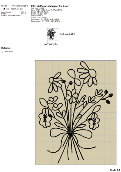 Wild Flower Bouquet Embroidery Designs, Wildflowers Embroidery Patterns, Bouquet of Wildflowers Machine Embroidery Files, Flowers Embroidery Outline, Daisy Bouquet Single Line Embroidery, Simple Floral Pes Files-Kraftygraphy