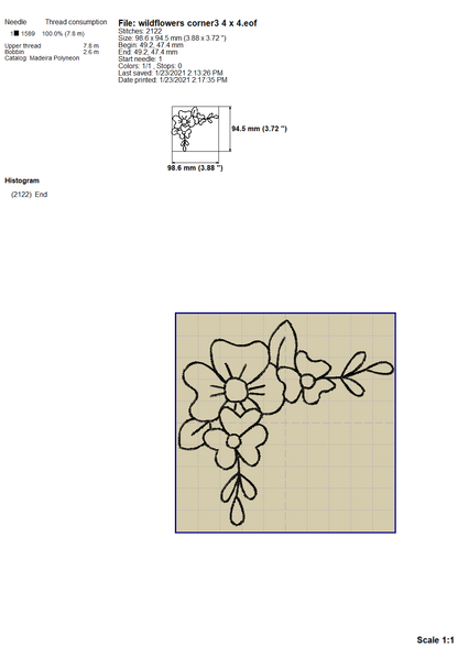 Floral Corner Borders Embroidery Outline, Wildflower Frame Embroidery Designs, Small Flowers Border Embroidery Patterns, Single Line Frame Embroidery, Doodle Embroidery, Sketch Embroidery, Redwork Pes Files-Kraftygraphy