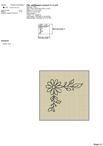 Floral Corner Borders Embroidery Outline, Wildflower Frame Embroidery Designs, Small Flowers Border Embroidery Patterns, Single Line Frame Embroidery, Doodle Embroidery, Sketch Embroidery, Redwork Pes Files-Kraftygraphy