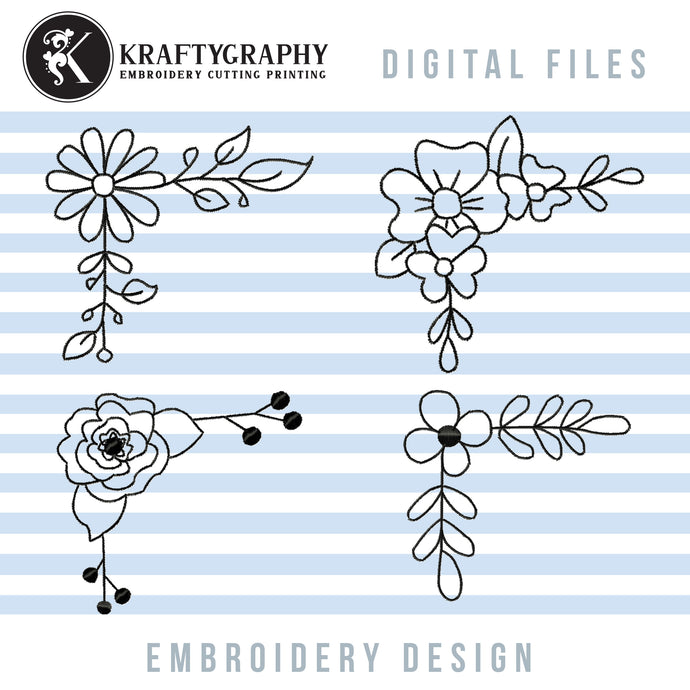 Floral Corner Borders Embroidery Outline, Wildflower Frame Embroidery Designs, Small Flowers Border Embroidery Patterns, Single Line Frame Embroidery, Doodle Embroidery, Sketch Embroidery, Redwork Pes Files-Kraftygraphy