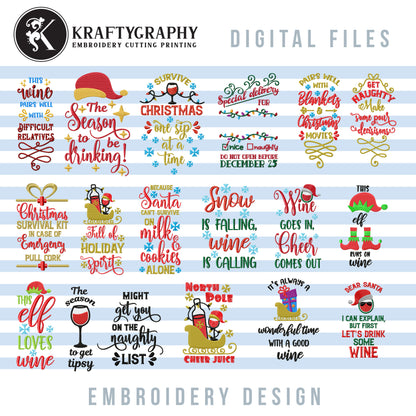 Christmas Wine Word Art Machine Embroidery Patterns Bundle for Wine Bags, Christmas Embroidery Designs for Wine Aprons, Wine Glass Embroidery Files, Wine Bottle Embroidery Pes Files, Wine Themed Embroidery,-Kraftygraphy